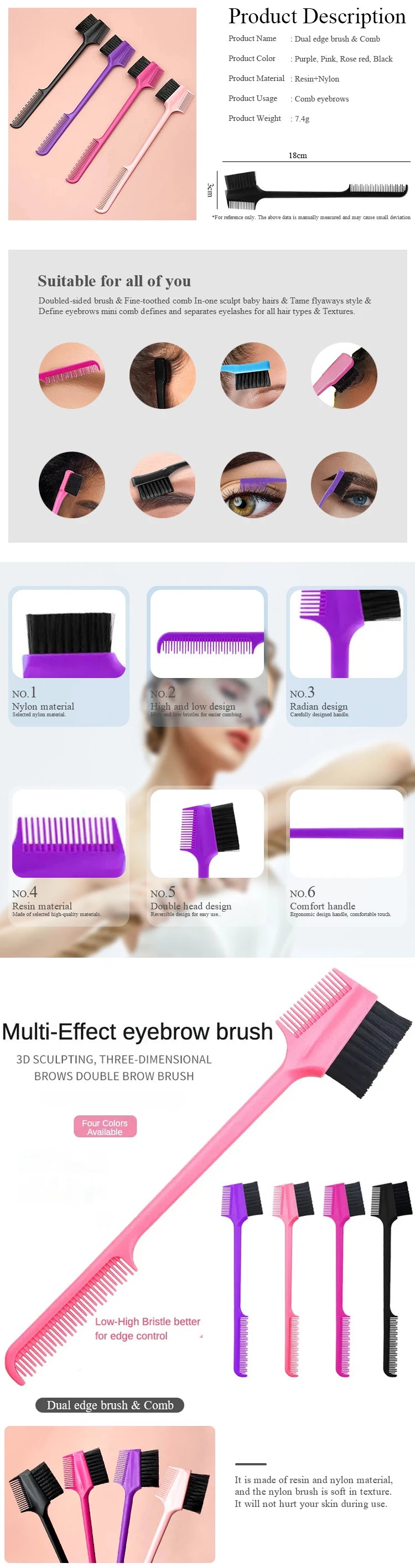 3 in 1 Edge Brush Comb Double Sided Edge Control Brush For Hair Salon Hair Comb Brushes Beauty Tools Professional Accessories