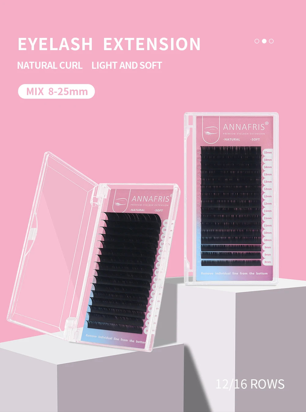 ANNAFRIS 8-25mm Mixed Length Individual Mink Eyelash Extension Supplies Natural Matte Black Soft Russian Volume Lashes Maquiagem