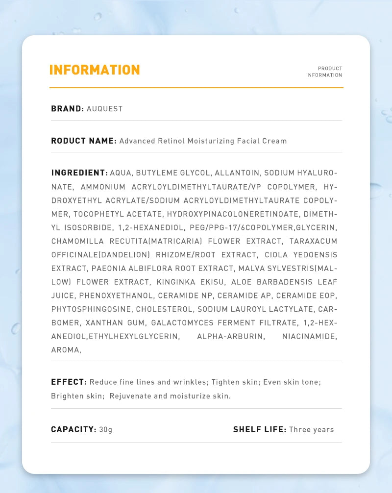 AUQUEST Retinol Lifting Firming Cream Skin Care Collagen Anti Wrinkle Whitening Remove Fine Lines Facial Care Beauty Health