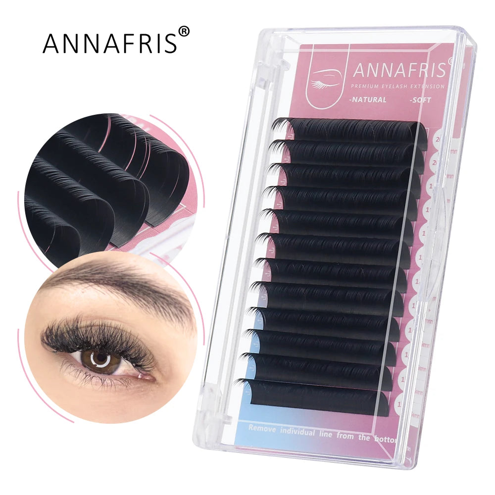 ANNAFRIS 8-25mm Mixed Length Individual Mink Eyelash Extension Supplies Natural Matte Black Soft Russian Volume Lashes Maquiagem