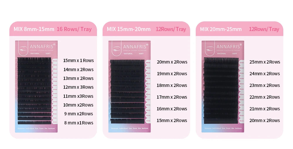 ANNAFRIS 8-25mm Mixed Length Individual Mink Eyelash Extension Supplies Natural Matte Black Soft Russian Volume Lashes Maquiagem