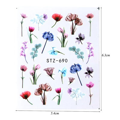 24 Sheets/sets Spring Nail Water Sticker Flowers Leaves Graffiti Slider Summer Bloom Colorful Plant Pattern 3D Manicure Sticker