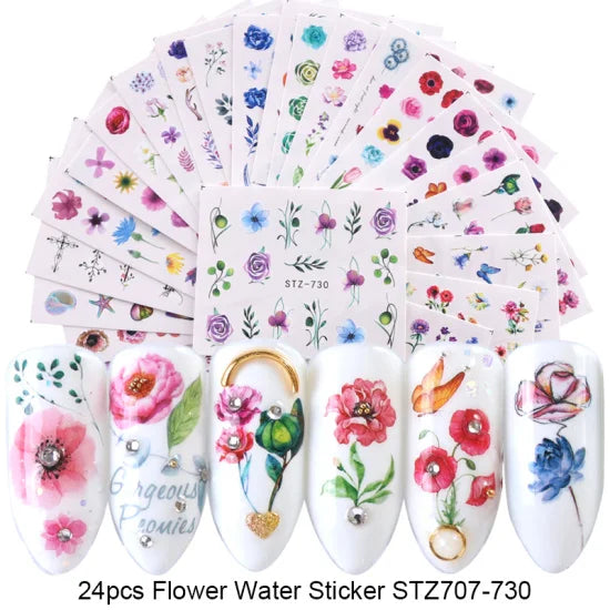 24 Sheets/sets Spring Nail Water Sticker Flowers Leaves Graffiti Slider Summer Bloom Colorful Plant Pattern 3D Manicure Sticker