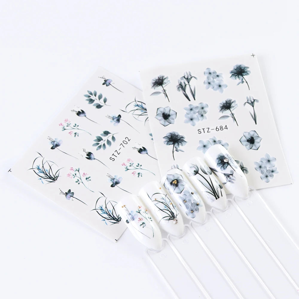 24 Sheets/sets Spring Nail Water Sticker Flowers Leaves Graffiti Slider Summer Bloom Colorful Plant Pattern 3D Manicure Sticker