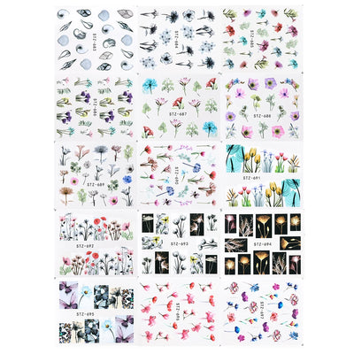 24 Sheets/sets Spring Nail Water Sticker Flowers Leaves Graffiti Slider Summer Bloom Colorful Plant Pattern 3D Manicure Sticker
