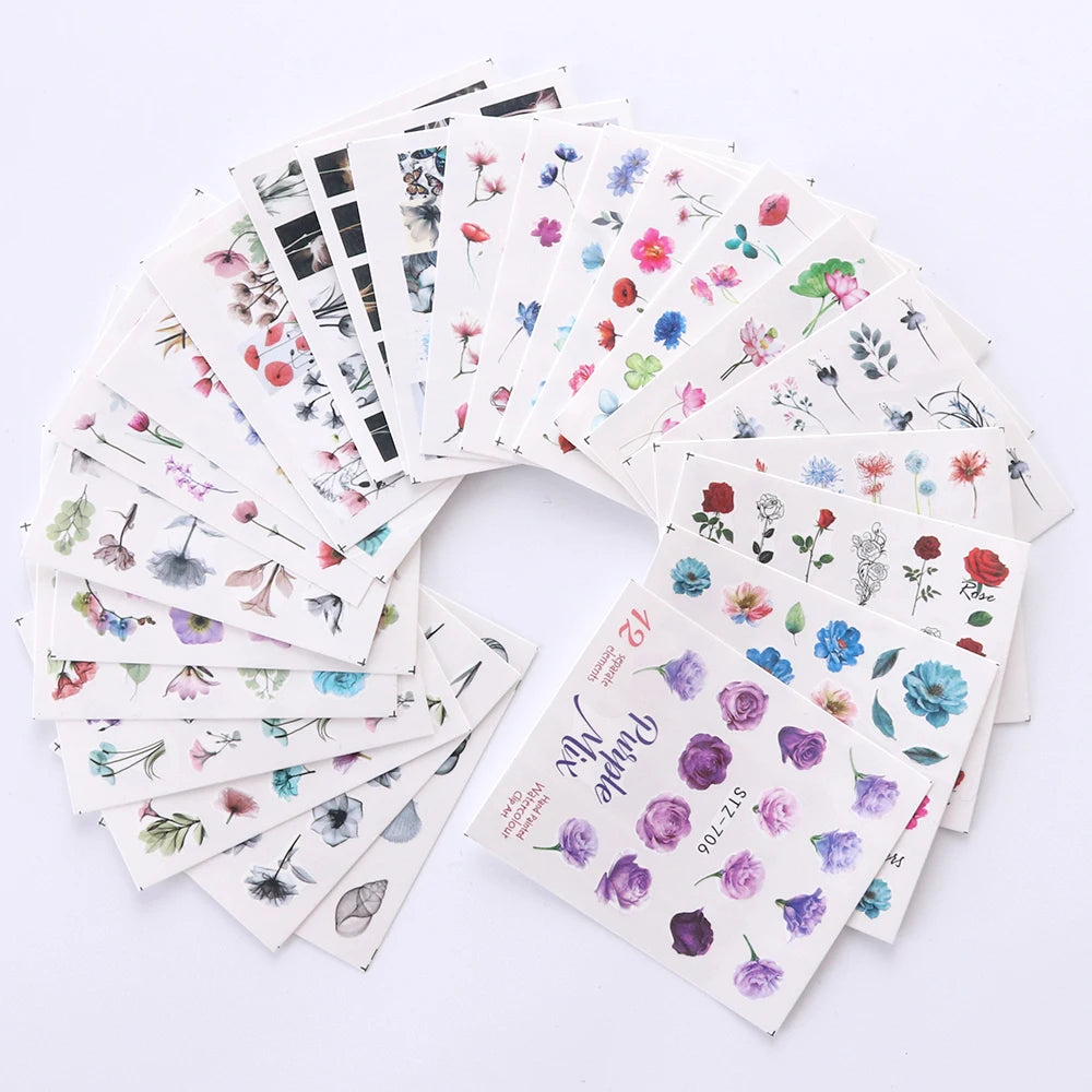 24 Sheets/sets Spring Nail Water Sticker Flowers Leaves Graffiti Slider Summer Bloom Colorful Plant Pattern 3D Manicure Sticker