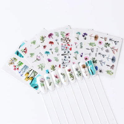 24 Sheets/sets Spring Nail Water Sticker Flowers Leaves Graffiti Slider Summer Bloom Colorful Plant Pattern 3D Manicure Sticker