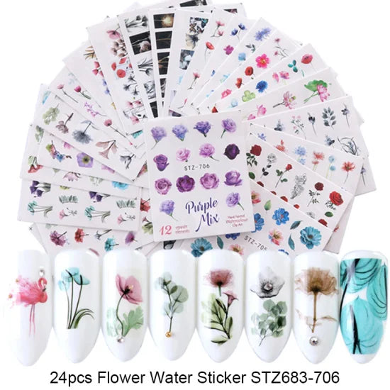 24 Sheets/sets Spring Nail Water Sticker Flowers Leaves Graffiti Slider Summer Bloom Colorful Plant Pattern 3D Manicure Sticker