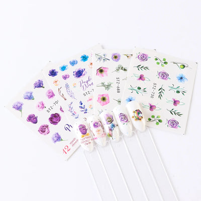 24 Sheets/sets Spring Nail Water Sticker Flowers Leaves Graffiti Slider Summer Bloom Colorful Plant Pattern 3D Manicure Sticker