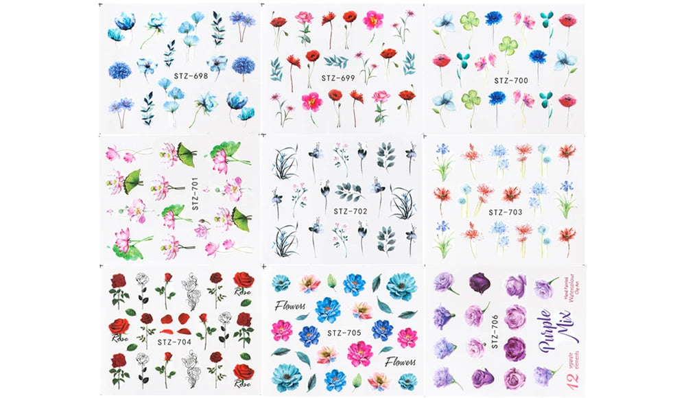 24 Sheets/sets Spring Nail Water Sticker Flowers Leaves Graffiti Slider Summer Bloom Colorful Plant Pattern 3D Manicure Sticker