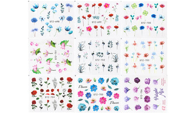24 Sheets/sets Spring Nail Water Sticker Flowers Leaves Graffiti Slider Summer Bloom Colorful Plant Pattern 3D Manicure Sticker