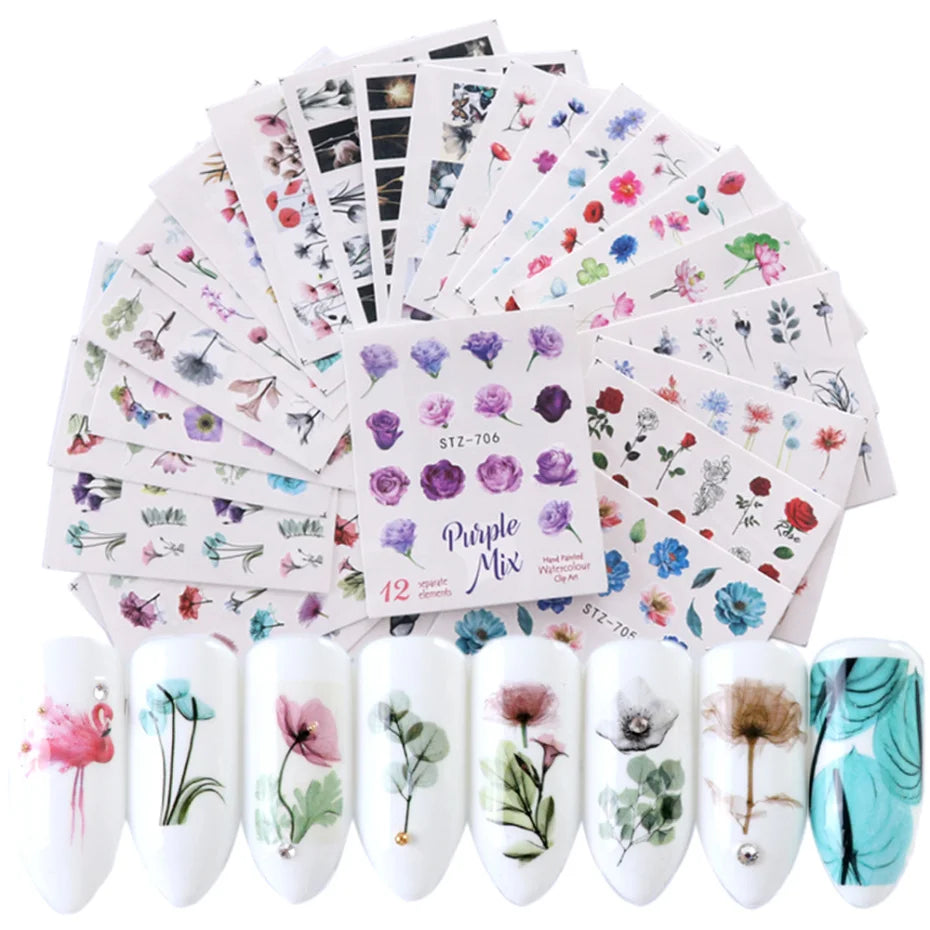24 Sheets/sets Spring Nail Water Sticker Flowers Leaves Graffiti Slider Summer Bloom Colorful Plant Pattern 3D Manicure Sticker