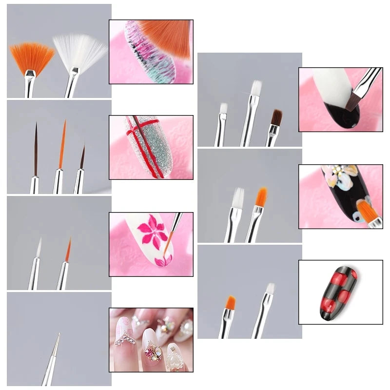 Nail Art Brush Set Gradient Line Painting Dotting Pen Kit Acrylic Handle Gel Polish Crystal Brushes Salon Nails Manicure Tools