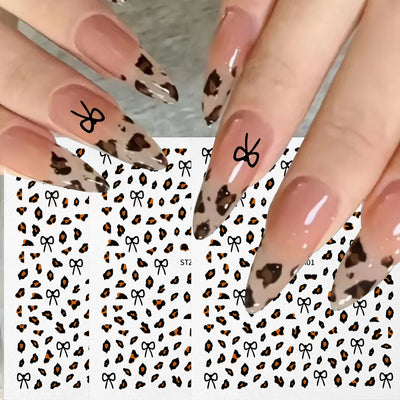 3D Leopard Print Nail Stickers Cute Kawaii Animal Print Gold Black Bow Nails Art Decals DIY Sexy Manicure Stickers Supplies