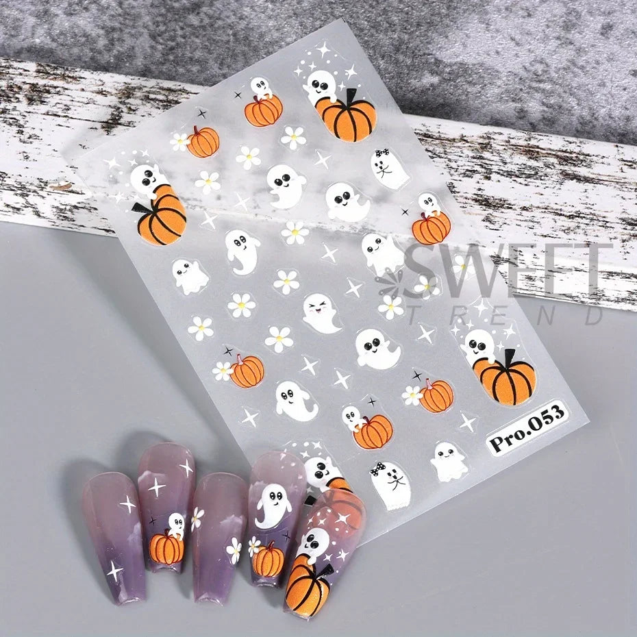 Cartoon Ghost Pumpkin Nail Art Stickers Cute Halloween Spooky Glamour Spider Web Skull Design Magic Festive Decor Manicure Foils