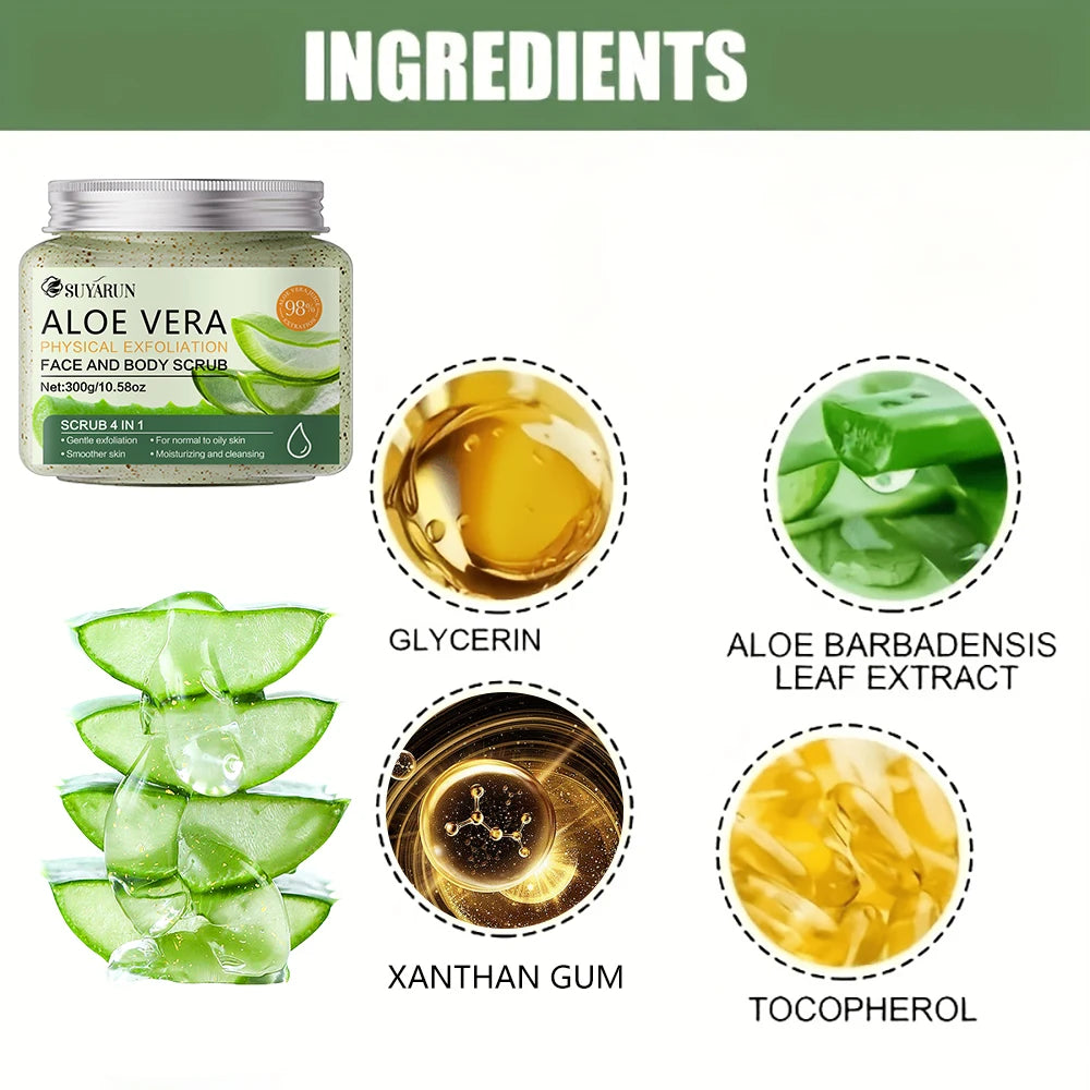 SUYARUN Natural Aloe Vera Exfoliating Scrub for Face & Body - Moisturizing Organic Formula, Gentle Skin Renewal 300g.