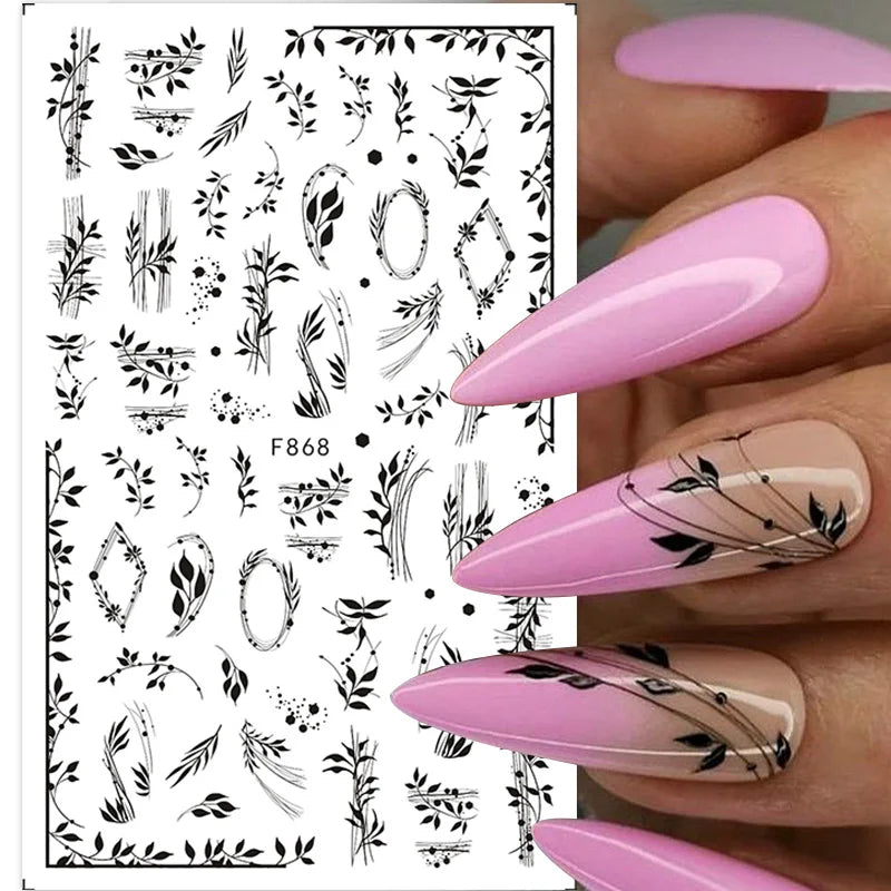 Black White Line Flower 3D Nail Sticker Nail Art Supplies Bronzing Geometric Pattern Sticker Nail Decals Nail Parts Manicure