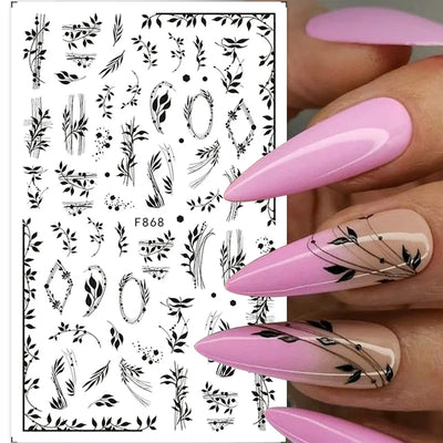 Black White Line Flower 3D Nail Sticker Nail Art Supplies Bronzing Geometric Pattern Sticker Nail Decals Nail Parts Manicure