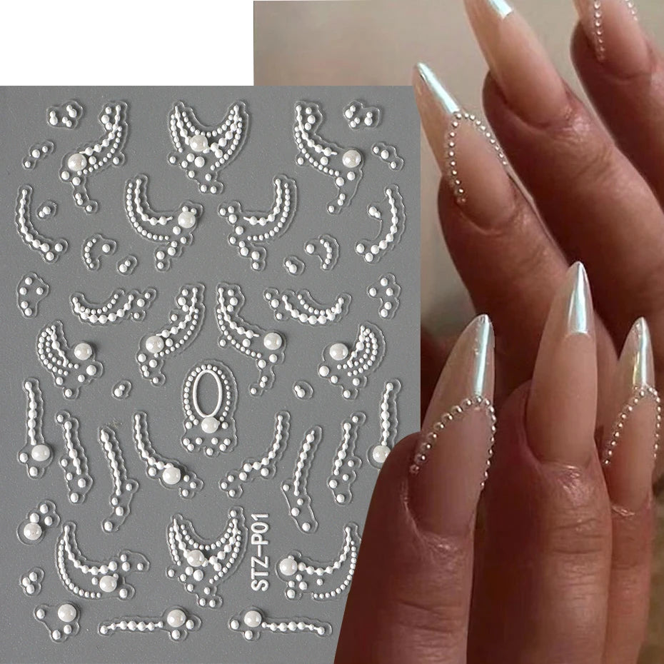 White 5D Pearl Lace Wave Lines Nail Art Stickers Elegant Exquisite Nail Decoration Decals Self Adhesive Transfer Slider Manicure
