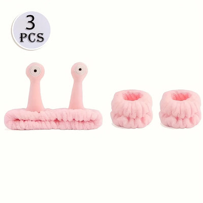 3-piece set Coral velvet snail decorative headband and, absorbent wrist towel suitable for bathing, with elastic anti slip