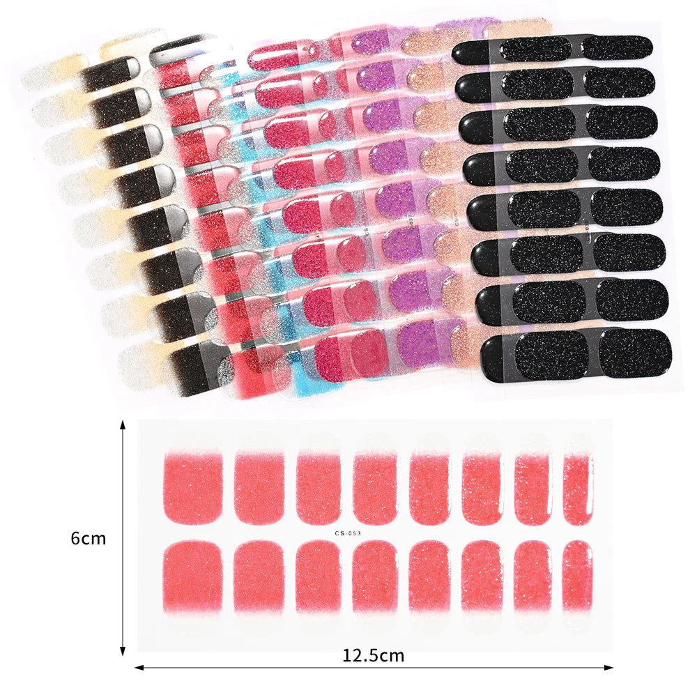 Semi-Cured Gel Nail Sticker 16Tips Glitter Pink UV Gel Nail Glitter Stickers Full Cover Long-Lasting UV Lamp Cured Manicure Tips