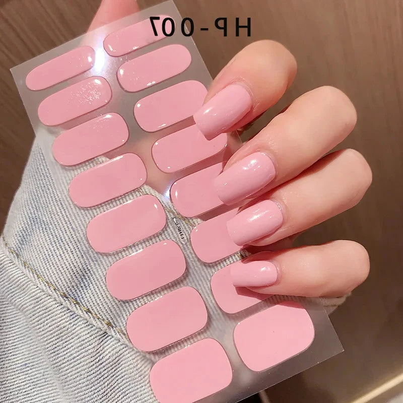 Semi-Cured Gel Nail Sticker 16Tips Glitter Pink UV Gel Nail Glitter Stickers Full Cover Long-Lasting UV Lamp Cured Manicure Tips