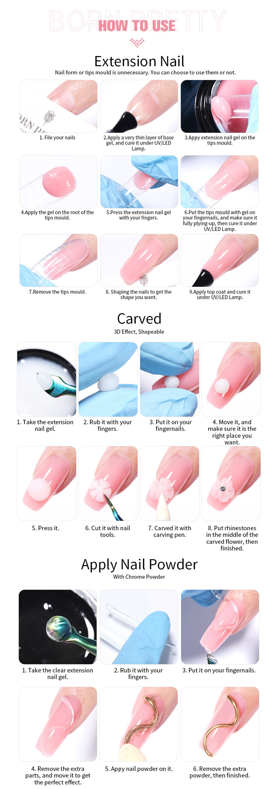 BORN PRETTY 15ml Nude White Non Stick Hand Solid Extension Nail Gel Polish Carving Flower Nail Art Building Constructed UV Gel