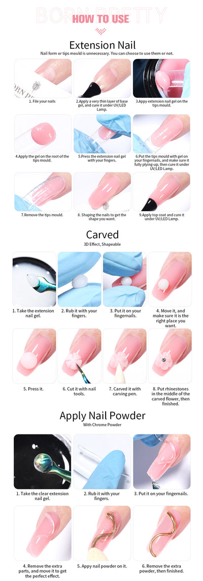 BORN PRETTY 15ml Nude White Non Stick Hand Solid Extension Nail Gel Polish Carving Flower Nail Art Building Constructed UV Gel