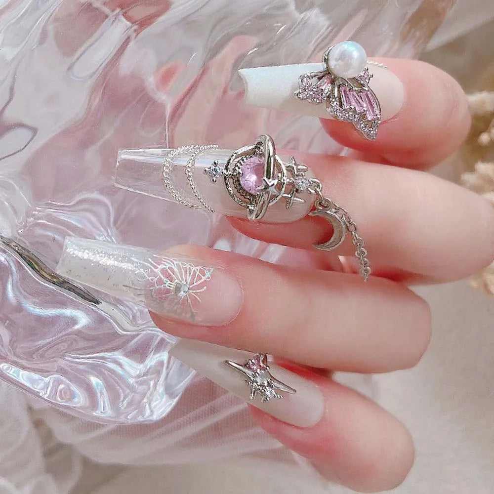 5pcs Pink Zircon Alloy Love Nail Art Charm 3D Bow Heart Moon Butterfly Planet Nail Decoration DIY Simple Design Nail Accessories