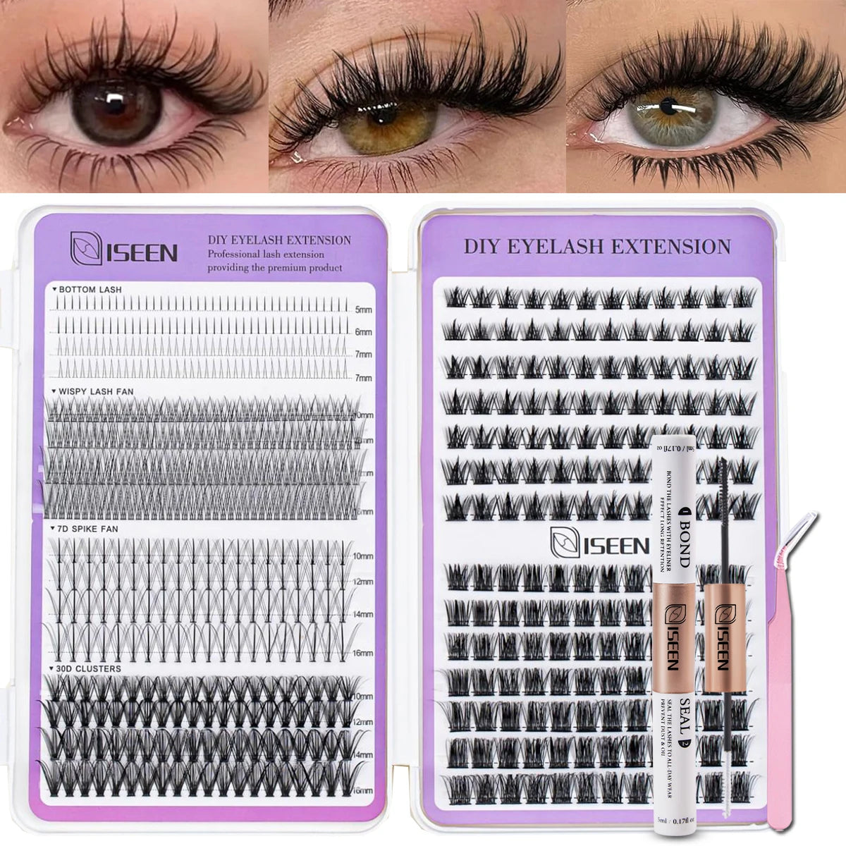 Eyelash Extension Kit DIY Eyelash Clusters Large Capacity Mix Styles Individual Lashes Kit with Lash Tweezers for Self Use