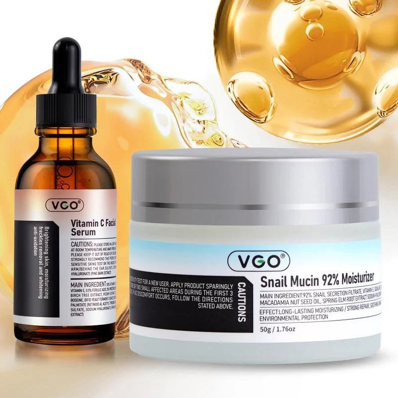 VGO Skincare Set – Vitamin C Serum + 92% Snail Mucin Moisturizer + Dual-Action Cleanser – Brightening Hydrating & Deep Cleansing