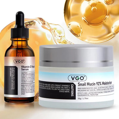 VGO Skincare Set – Vitamin C Serum + 92% Snail Mucin Moisturizer + Dual-Action Cleanser – Brightening Hydrating & Deep Cleansing