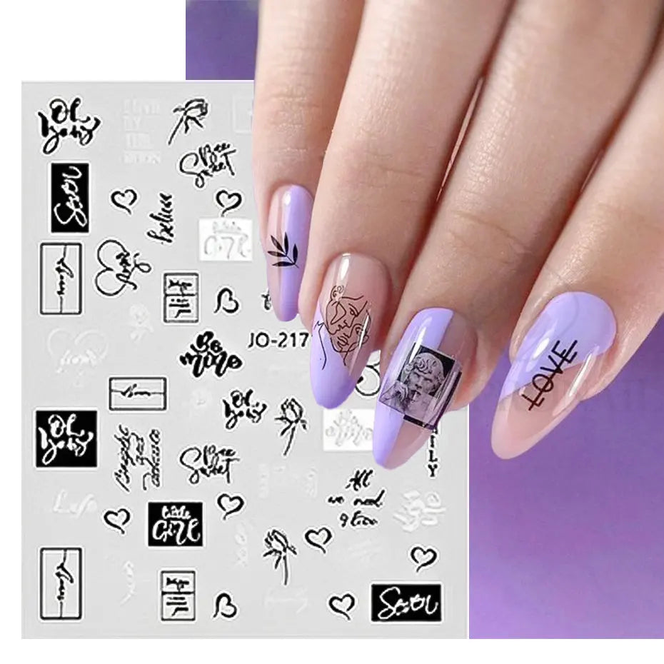 Black White Line Flower 3D Nail Sticker Nail Art Supplies Bronzing Geometric Pattern Sticker Nail Decals Nail Parts Manicure