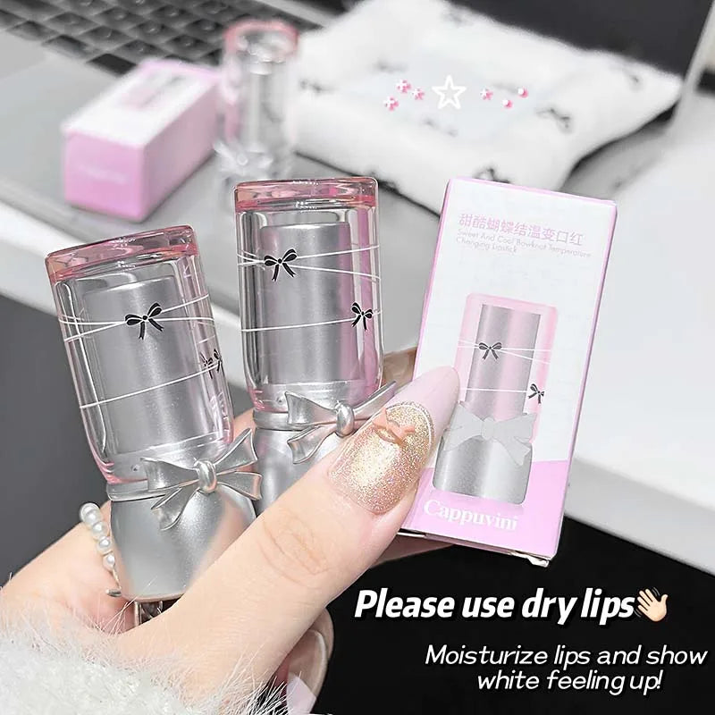 Cappuvini Sweet and Cool Bow Thermochromic Lipstick is a moisturizing and hydrating lip balm that reduces lip lines and changes