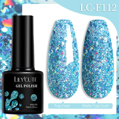 Lilycute Auroras Effect Gel Nail Polish Top Coat Summer Purple Spar Glitter Laser Semi Permanent Soak Off Nail Art Gel Varnish