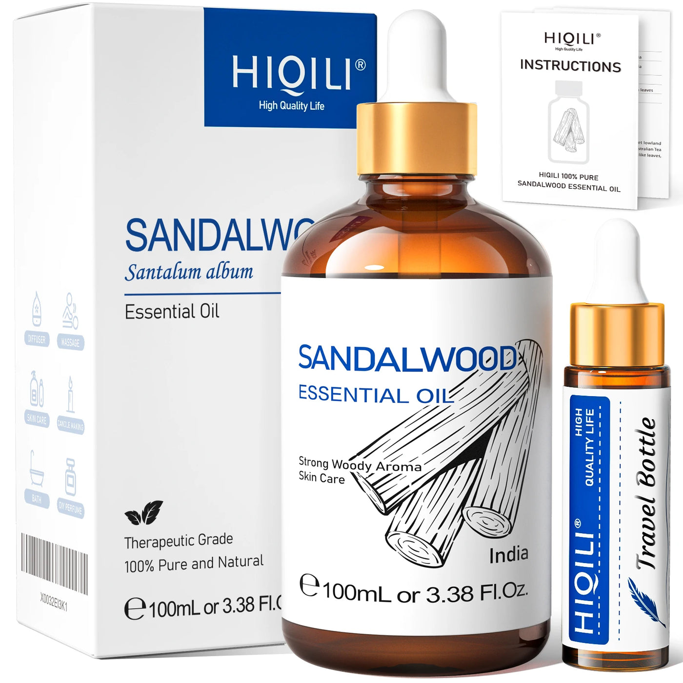 HIQILI 100ML Pure Sandalwood Essential Oil Lavender Jasmine Eucalyptus Peppermint Ylang Ylang Frankincense (Choose Scent)