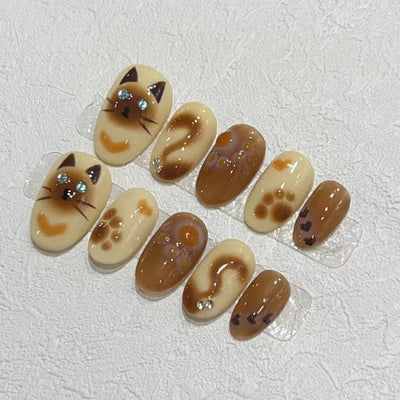 Handmade Fake Nails Short Round Head Flower Designed Press on Nails Pink Wearable False Nails Tips for Women Girls DIY Manicure