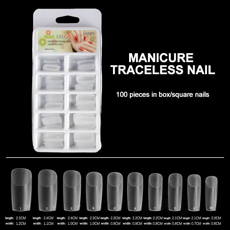100pcs/Box Clear Seamless Acrylic Press on False Nails T-shaped Nails Water Drop Nails Tips for Extension Manicure Tools