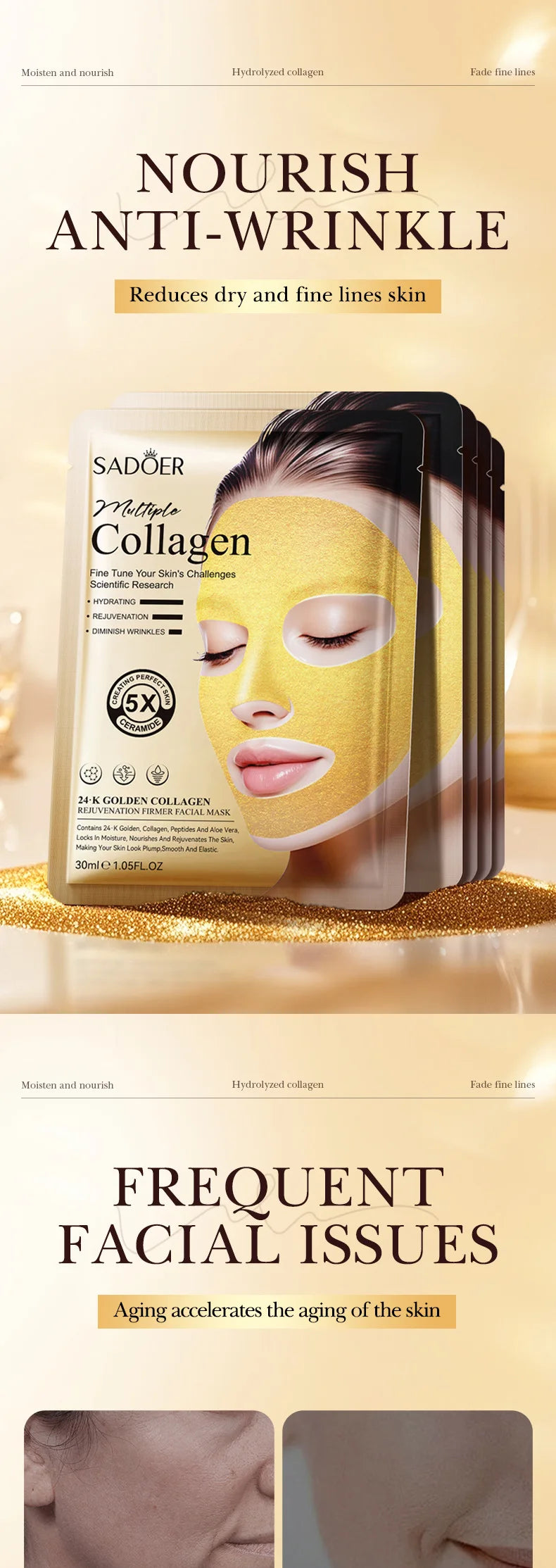 SADOER 24k Golden Collagen Facial Masks Anti Wrinkle Firming Moisturizing Anti-Aging Face Mask Beauty Facial Skin Care Products