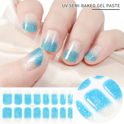 Semi-Cured Gel Nail Sticker 16Tips Glitter Pink UV Gel Nail Glitter Stickers Full Cover Long-Lasting UV Lamp Cured Manicure Tips