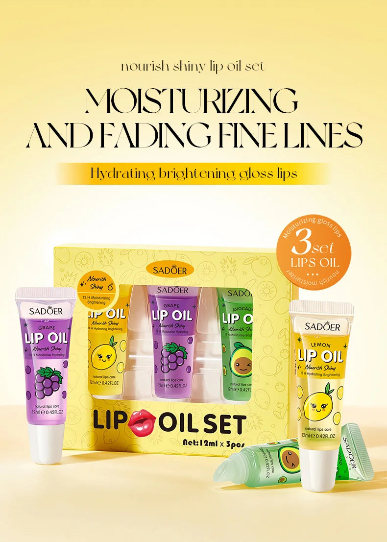 3pcs/set SADOER Crystal Jelly Lip Oil Hydrating Plumps Lip Gloss Cute Makeup Lipsticks Clear Serum Fruit Lip Balm Cosmetics Sets