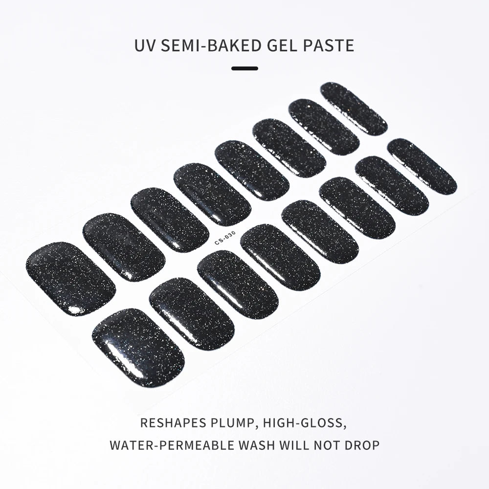 Semi-Cured Gel Nail Sticker 16Tips Glitter Pink UV Gel Nail Glitter Stickers Full Cover Long-Lasting UV Lamp Cured Manicure Tips