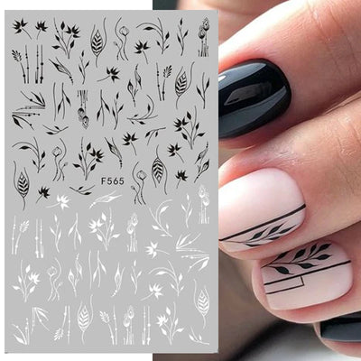 Black White Line Flower 3D Nail Sticker Nail Art Supplies Bronzing Geometric Pattern Sticker Nail Decals Nail Parts Manicure