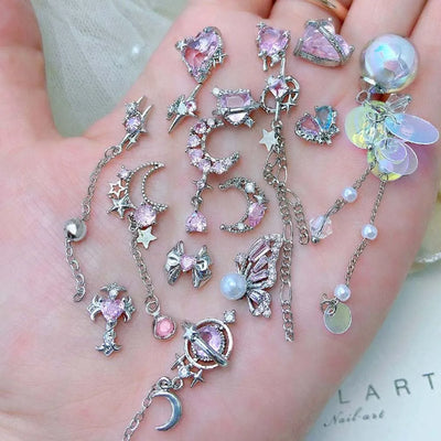 5pcs Pink Zircon Alloy Love Nail Art Charm 3D Bow Heart Moon Butterfly Planet Nail Decoration DIY Simple Design Nail Accessories
