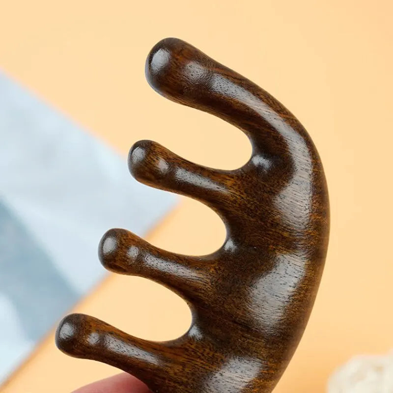Sandalwood Head Meridian Massage Comb with Five Teeth Antistatic Massager Acupuncture Therapy Blood Circulation Wooden Combs
