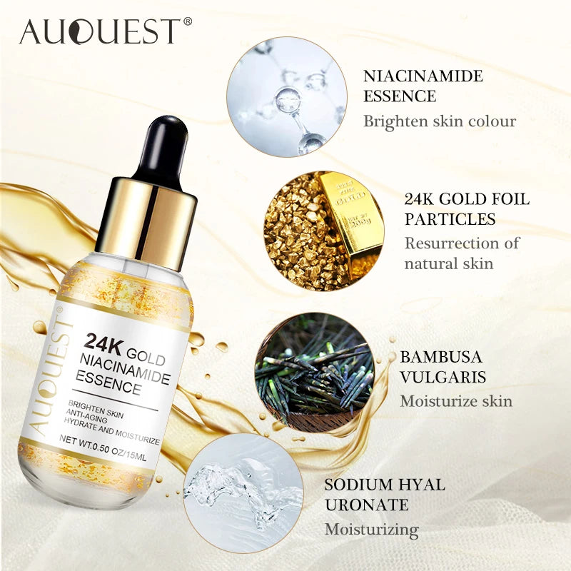 AUQUEST 24k Gold Face Serum Hyaluronic Acid Serum Moisturizing Whitening Anti Aging Wrinkle Face Skin Care 15ml