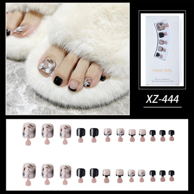 24pcs Gold Glitter Sequins False Toenails Fashion Blue Square Head Artificial Toe Nails Detachable Fake Toe Nails Full Cover