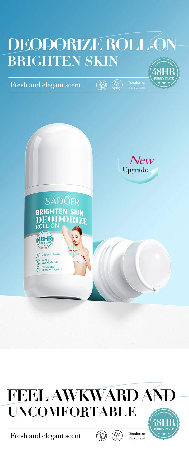 SADOER Deodorizing Body Lotion Roll-On Bead Deodorize Armpits Refreshing Body Skin Brightening Underarm Anti Sweating Odor Cream