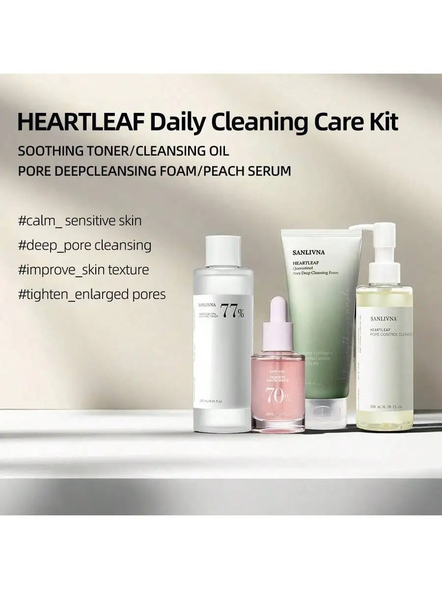 Heartleaf 77% Skincare 4-Piece Set - Deep Cleansing Cleanser, Toner, Peach 70 Face Serum, Pore Cleansing Oil, Daily Skincare Set