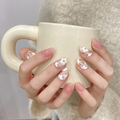 Handmade Fake Nails Short Round Head Flower Designed Press on Nails Pink Wearable False Nails Tips for Women Girls DIY Manicure